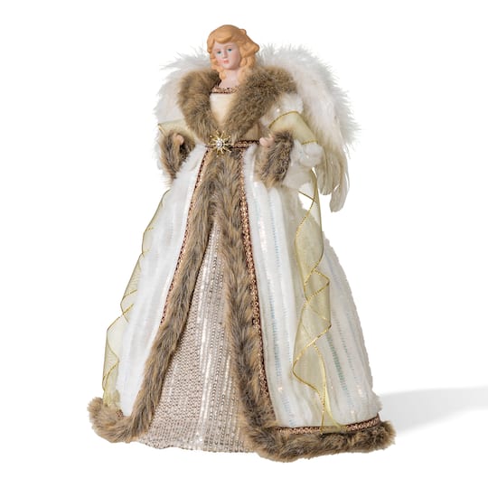 Glitzhome® 18" Faux Fur & PVC Elegant Christmas Angel Tree Topper with Porcelain Face in Silver | 7.75" x 4" x 18" | Michaels®